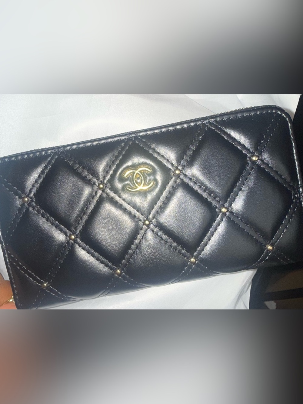 Black Quilted Leather Wallet with Gold CC Logo